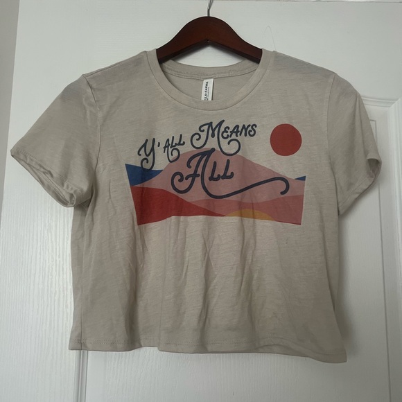 Graphic Beige Crop Top custom Y’all Means All Sz S Super Soft never worn - Picture 1 of 4